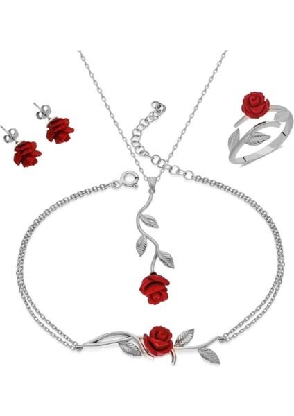 925 Ayar Gümüş Gül Tasarım Kolye Bileklik Yüzük ve Küpe Seti Rose