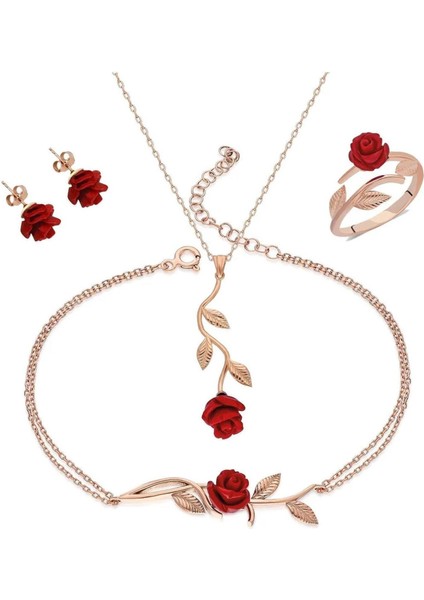 925 Ayar Gümüş Gül Tasarım Kolye Bileklik Yüzük ve Küpe Seti Rose