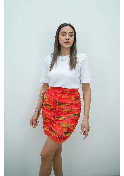 Kırmızı Drape Detaylı Şifon Etek