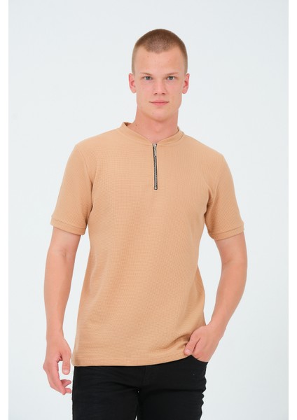 Erkek Slim Fit Yarım Fermuarlı T-Shirt