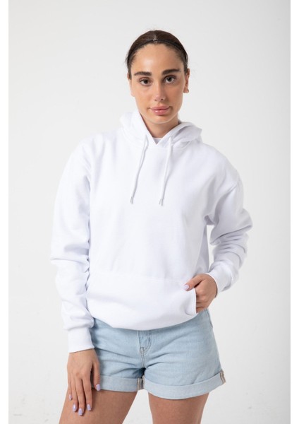 Beyaz Baskısız Kanguru Cepli Kapüşonlu 3 Iplikli Şardonlu Oversize Kadın Sweatshirt