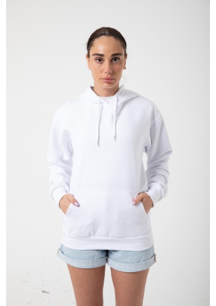 Beyaz Baskısız Kanguru Cepli Kapüşonlu 3 Iplikli Şardonlu Oversize Kadın Sweatshirt