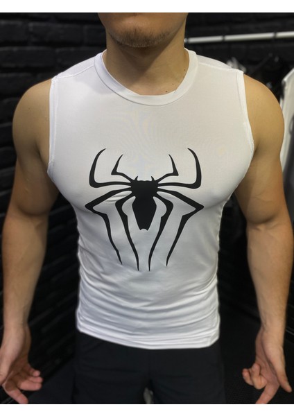 Erkek Spor Atlet Süper Esnek Compression Fitness Tank Top Terletmez Beyaz Baskılı