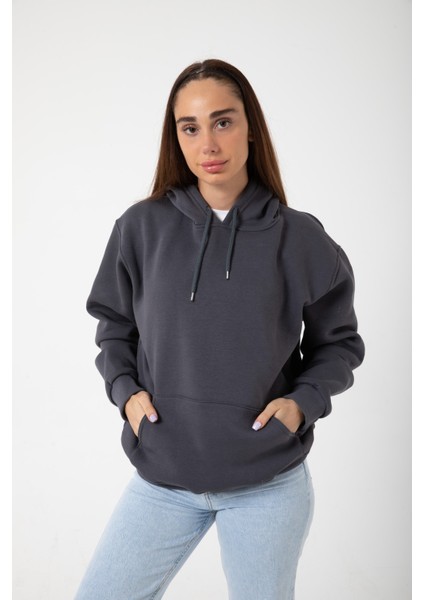 Füme Baskısız Kanguru Cepli Kapüşonlu 3 Iplikli Şardonlu Oversize Kadın Sweatshirt