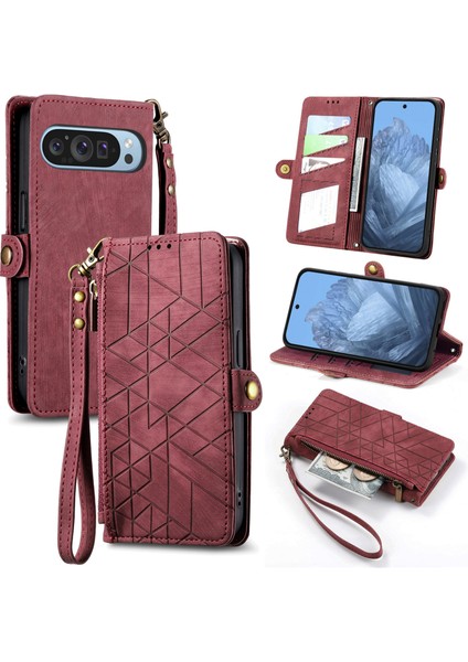 Google Pixel 9ile Uyumlu Cüzdan Kılıf Geometrik Kabartmalı Pu Deri Kickstand Kart Yuvaları Flip Folyo Kapak (Yurt Dışından)