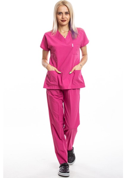 Cerrahi Doktor Scrubs Hemşire Forması Fuşya Takım