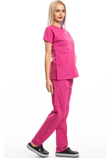 Cerrahi Doktor Scrubs Hemşire Forması Fuşya Takım
