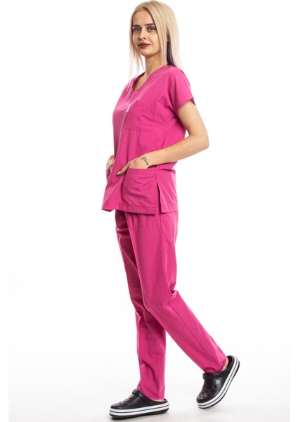 Cerrahi Doktor Scrubs Hemşire Forması Fuşya Takım