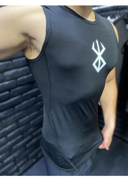 Sporcu Atlet Süper Esnek Kolsuz Fitness Tank Top Siyah Berserk Baskılı