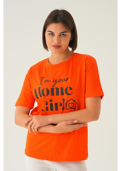 1715 Home Girl Baskı Oversize Tişört Orange