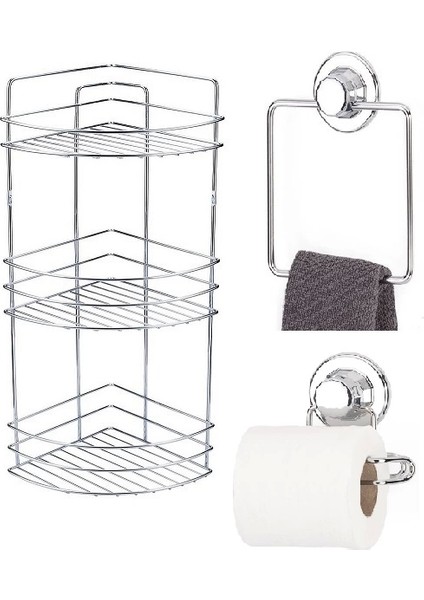 Banyo Aksesuarı 3 Lü Set Kare Havluluk + Tuvalet Kağıtlığı + Banyo Köşe Rafı 3 Katlı Şampuanlık