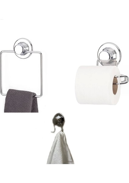 Hem Vakumlu Hem Vidalı Banyo Aksesuarı 3 Lü Set Kare Havluluk + Tuvalet Kağıtlığı + 2 Kancalı Havlu Askısı
