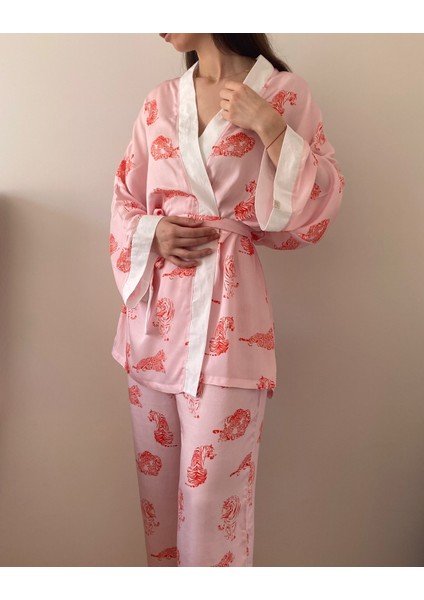 Vina Kuşaklı Unisex Poplin Kumaş Kimono Takım