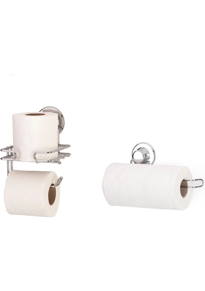 Hem Vakumlu Hem Vidalı Banyo Aksesuarı 2 Li Set Tuvalet Kağıtlığı+Kağıt Havlu Askısı