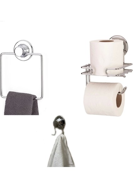 Hem Vakumlu Hem Vidalı Banyo Aksesuarı 3 Lü Set Kare Havluluk + Tuvalet Kağıtlığı + 2 Kancalı Havlu Askısı