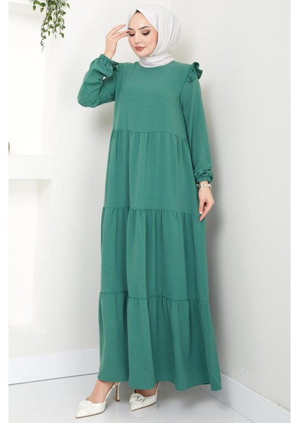 Omuzu Fırfırlı Ayrobin Tesettür Elbise Mint Hm2062 modelleri