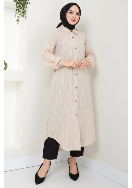 Yazlık Uzun Pamuklu Tunik Krem Hm2109
