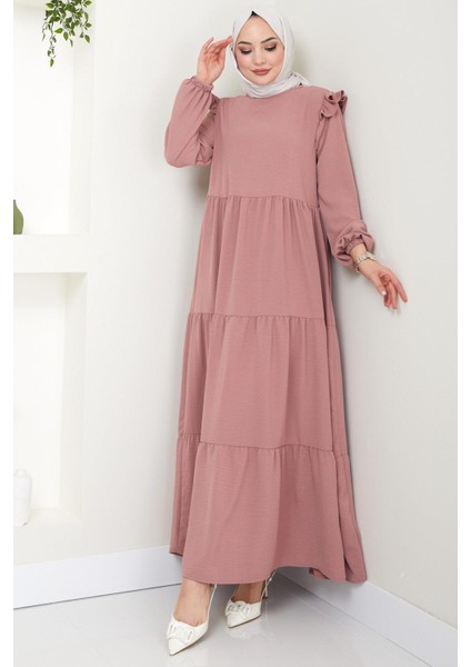 Omuzu Fırfırlı Ayrobin Tesettür Elbise Gül Kurusu Hm2062 fiyatları
