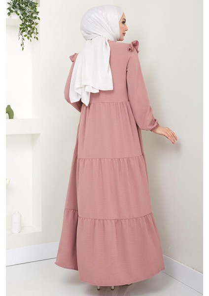 Omuzu Fırfırlı Ayrobin Tesettür Elbise Gül Kurusu Hm2062 modelleri