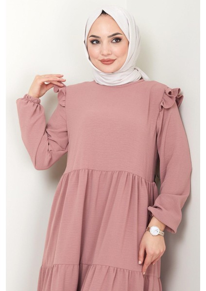 Omuzu Fırfırlı Ayrobin Tesettür Elbise Gül Kurusu Hm2062 fırsatları