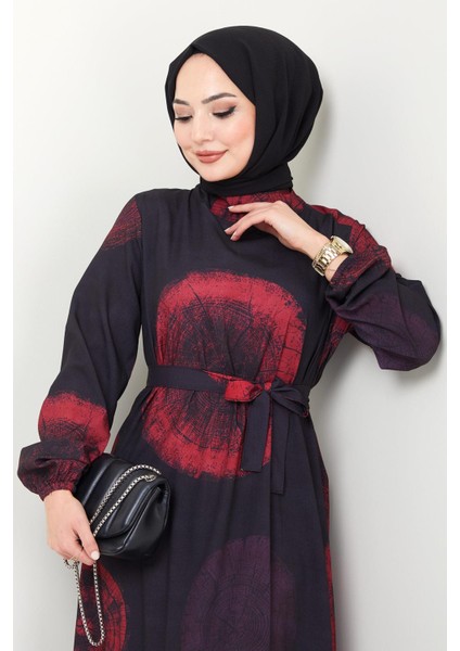 Ladin Dijital Baskılı Elbise Bordo Hm2440 modelleri