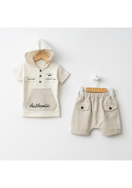 Baby Fou Balıksırtı Kapüşonlu Tşhirt Şort Takım