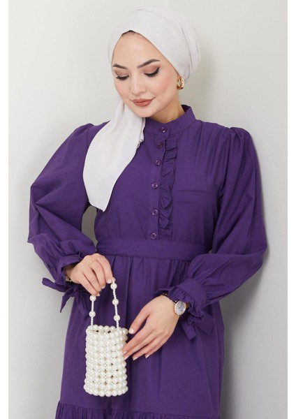 Önü Fırfırlı Kolu Bağlamalı Elbise Mor Hm2078