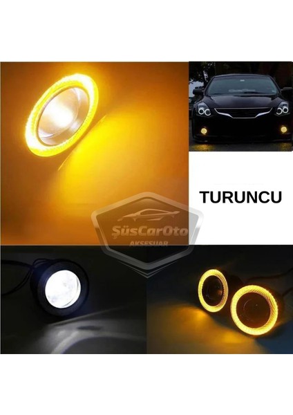 Dacia Dokker 2012-2022 Uyumlu Üniversal Mercekli Angel Sis Farı Metal Su Geçirmez 76 mm Turuncu Halkalı Gündüz Farı Angel Eyes 2 Adet