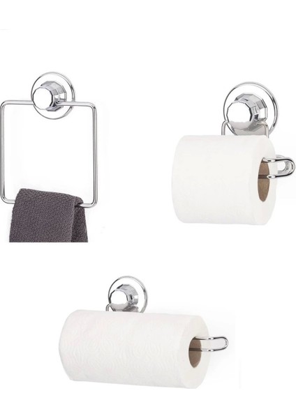 Hem Vakumlu Hem Vidalı Banyo Aksesuarı 3 Lü Set Kare Havluluk + Tuvalet Kağıtlığı + Kağıt Havlu Askısı