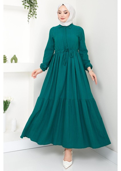 Beli Büzgülü Lara Elbise Zümrüt Hm2452