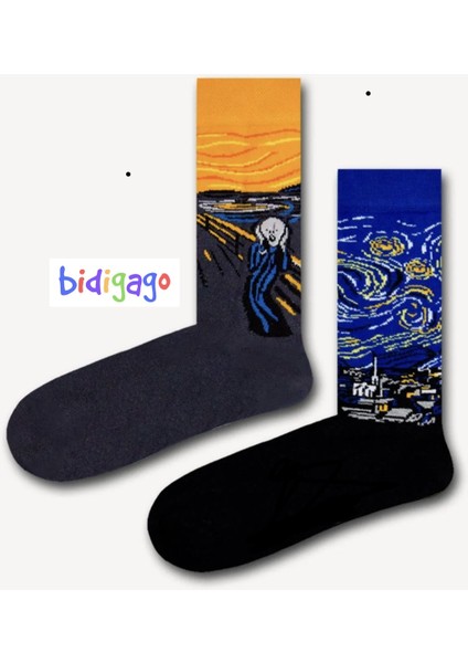 2'li Yıldızlı Geceler ve Çığlık Sanat Eseri Desenli Çorap