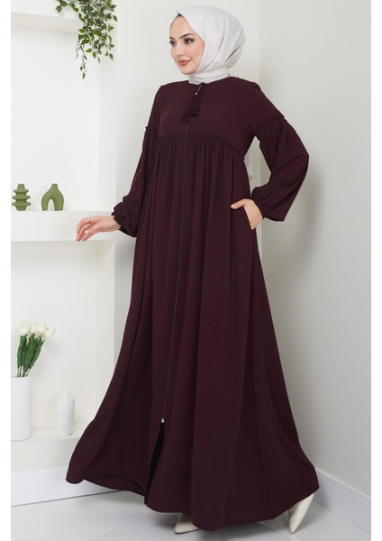 Yaka Bağcıklı Büzgülü Ferace Bordo Hm2468 fiyatları
