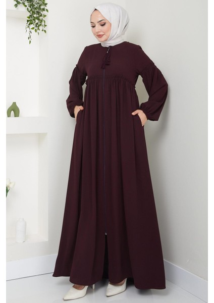 Yaka Bağcıklı Büzgülü Ferace Bordo Hm2468 fırsatları