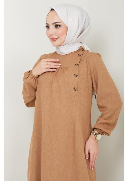 Düğme Detaylı Elbise Camel Hm2436