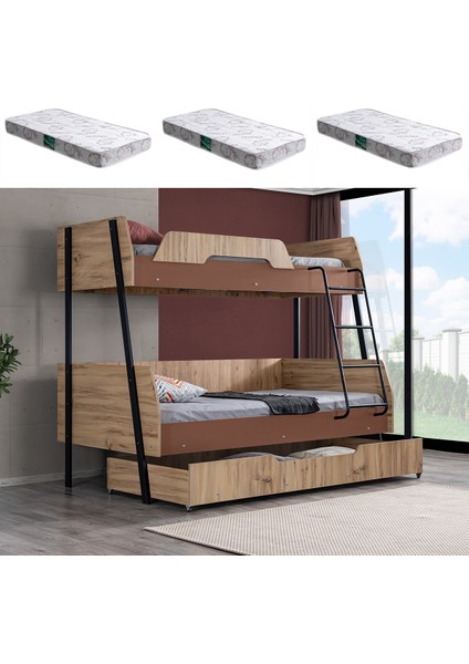 Alba Yavrulu Geniş Ranza, Kahverengi + 3 Adet Comfort Yatak