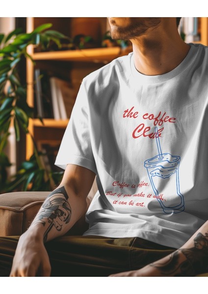 Coffee Club Tasarım Relaxed Fit Beyaz Erkek Önü Baskılı Tişört
