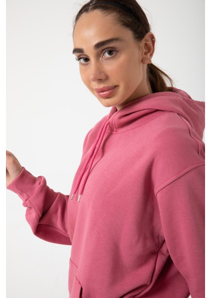 Mürdüm Baskısız Kanguru Cepli Kapüşonlu 3 Iplikli Şardonlu Oversize Kadın Sweatshirt