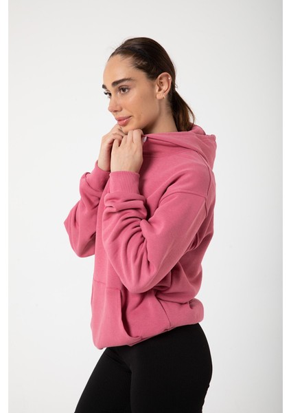 Mürdüm Baskısız Kanguru Cepli Kapüşonlu 3 Iplikli Şardonlu Oversize Kadın Sweatshirt