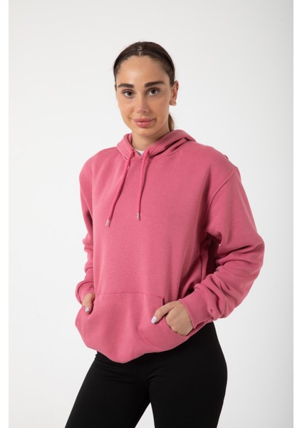 Mürdüm Baskısız Kanguru Cepli Kapüşonlu 3 Iplikli Şardonlu Oversize Kadın Sweatshirt