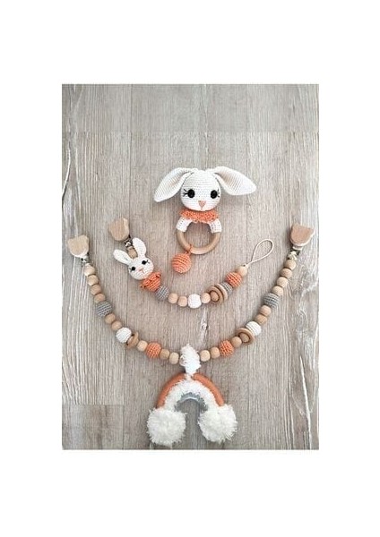 Ahşap Diş Kaşıyıcı Puset Oyuncağı ve Ahşap Emzik Zinciri, Emzik Tutucu Amigurumi Oyuncak