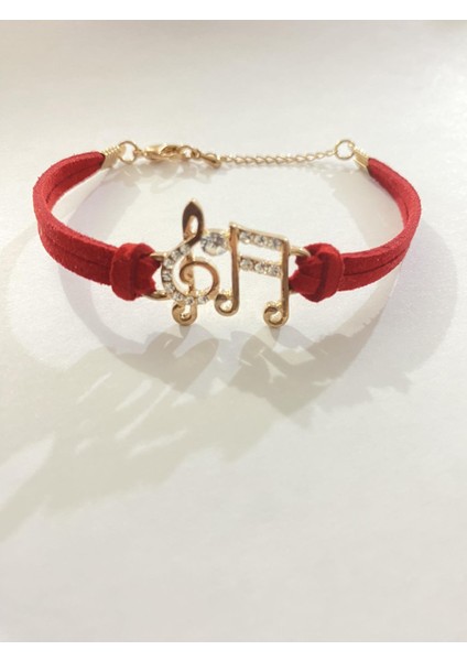 Kırmızı Taşlı Sol Anahtar Nota Deri Kadın Bileklik