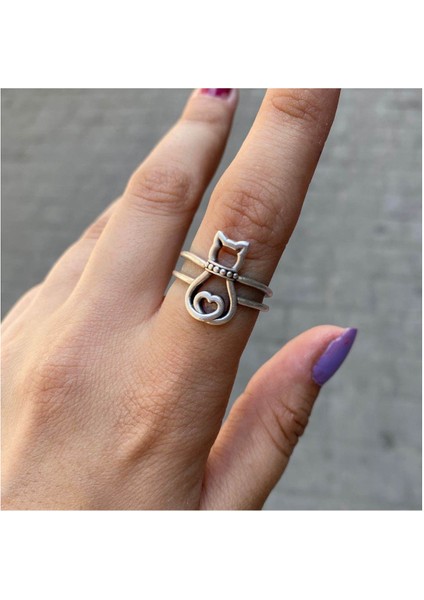 Kedi Yüzük Kalp Kuyruklu Tasmalı Yüzük Ayarlabilir