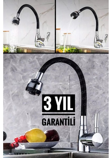 Tekno Trust Krom Garabtili Lüx Oynar Başlıklı Spiral Renkli Kubar Lavabo Mutfak Esnek Musluk Siyah 3 Yıl