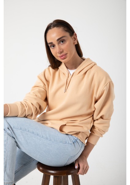 Vizon Baskısız Kanguru Cepli Kapüşonlu 3 Iplikli Şardonlu Oversize Kadın Sweatshirt