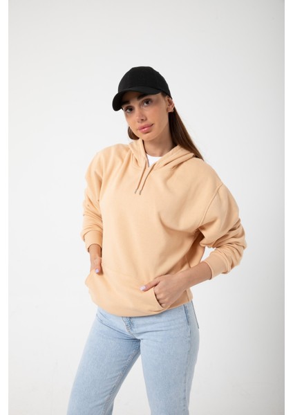 Vizon Baskısız Kanguru Cepli Kapüşonlu 3 Iplikli Şardonlu Oversize Kadın Sweatshirt