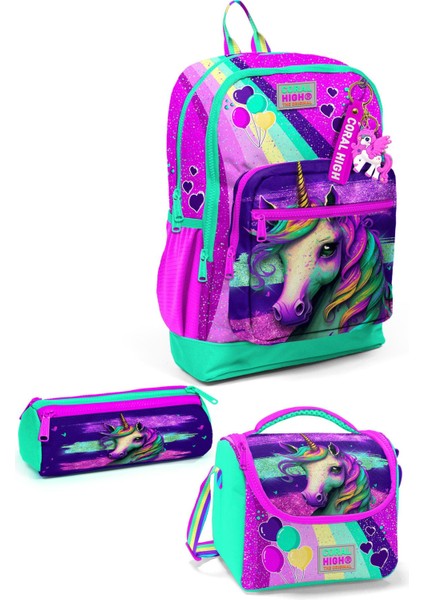 Kids Unicorn Desenli 3'lü Okul Çanta Seti Pembe Su Yeşili Ergonomik Tasarım