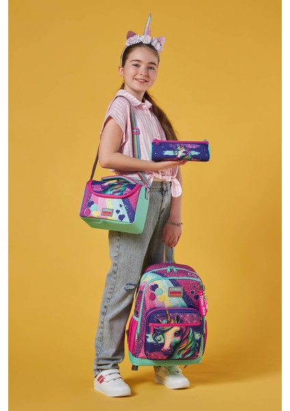 Kids Unicorn Desenli 3'lü Okul Çanta Seti Pembe Su Yeşili Ergonomik Tasarım