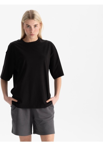 Kadın Siyah Oversize Bisiklet Yaka %100 Organik Pamuk T-Shirt