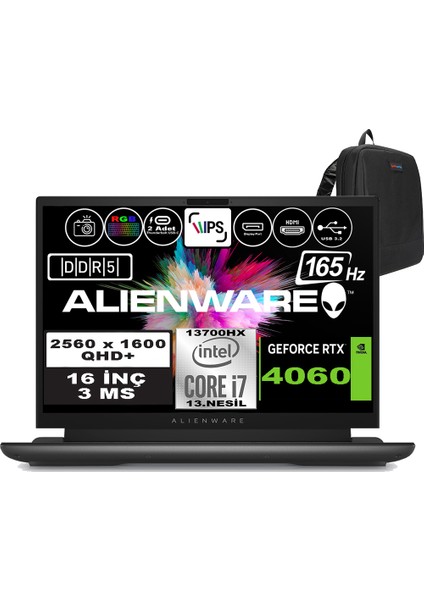 Alienware M16 R1 Intel Core I7-13700HX 16GB Ddr5 4tb SSD RTX4060 8gb 16 Inç 165Hz Qhd+  3ms Windows 11 Home Gaming Laptop AWM16I7X60WH04 + Zetta Çanta