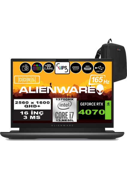 Alienware M16 R1 Intel Core I7-13700HX 64GB Ddr5 512GB SSD RTX4070 8gb 16 Inç 165Hz Qhd+  3ms Windows 11 Pro Gaming Laptop AWM16I7X70WP09 + Zetta Çanta